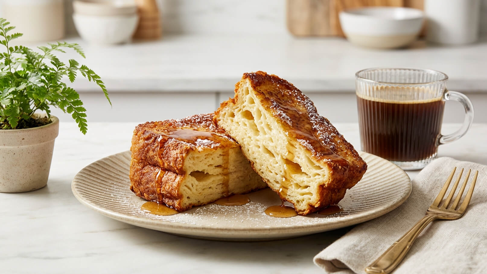Auf dem Bild sind zwei dicke, goldbraune French Toast-Stücke auf einem Teller zu sehen. Sie sind mit Puderzucker bestreut und mit Sirup überzogen. Daneben steht eine Tasse Kaffee und ein kleiner Topf mit einer Pflanze.