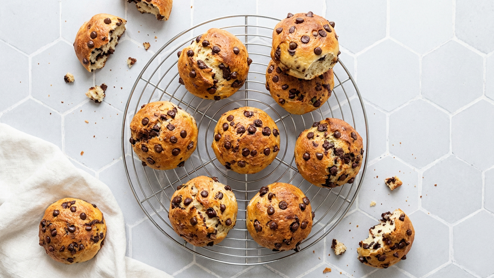 Auf einem runden Kuchengitter liegen mehrere Schokoladenmuffins, teils unberührt und teils angebissen. Einige Muffins sind verstreut auf der Arbeitsfläche. Der Hintergrund ist hell und wirkt sauber.