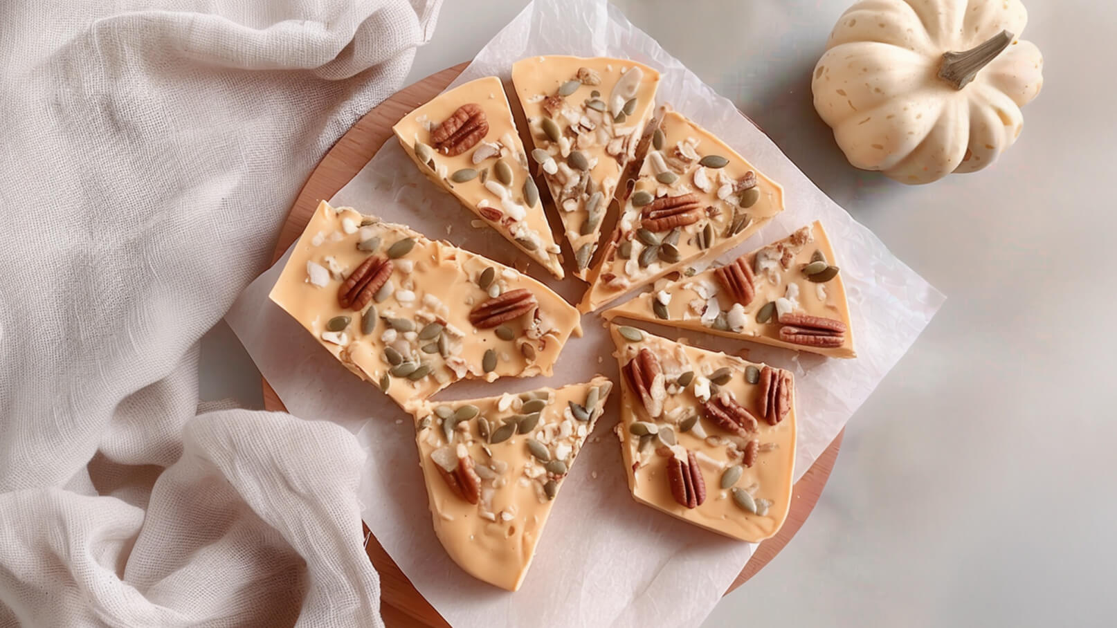 Ein runder Holzbrett mit einem Stück Süßigkeit, das in acht Stücke geschnitten ist. Die Süßigkeit hat eine orange Farbtönung und ist mit Kürbiskernen, Pekannüssen und kleinen weißen Stücken dekoriert. Im Hintergrund liegt ein heller, weicher Stoff.