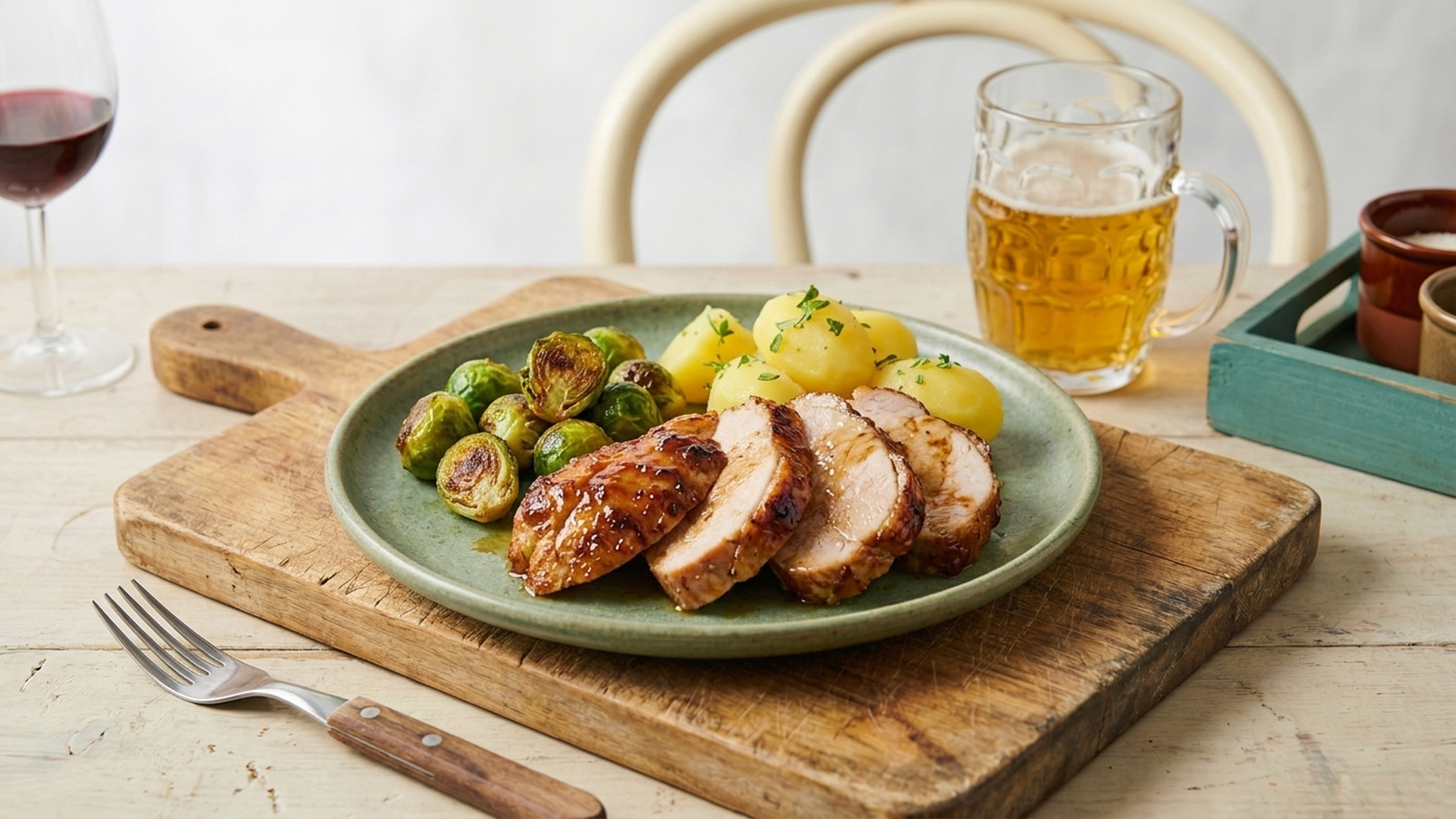 Ein Teller mit gegrilltem Hähnchenbrustfilet, serviert mit einem Beilagensalat aus Rosenkohl und Kartoffeln, garniert mit frischen Kräutern. Im Hintergrund steht ein Glas Bier auf einem Holztisch.
