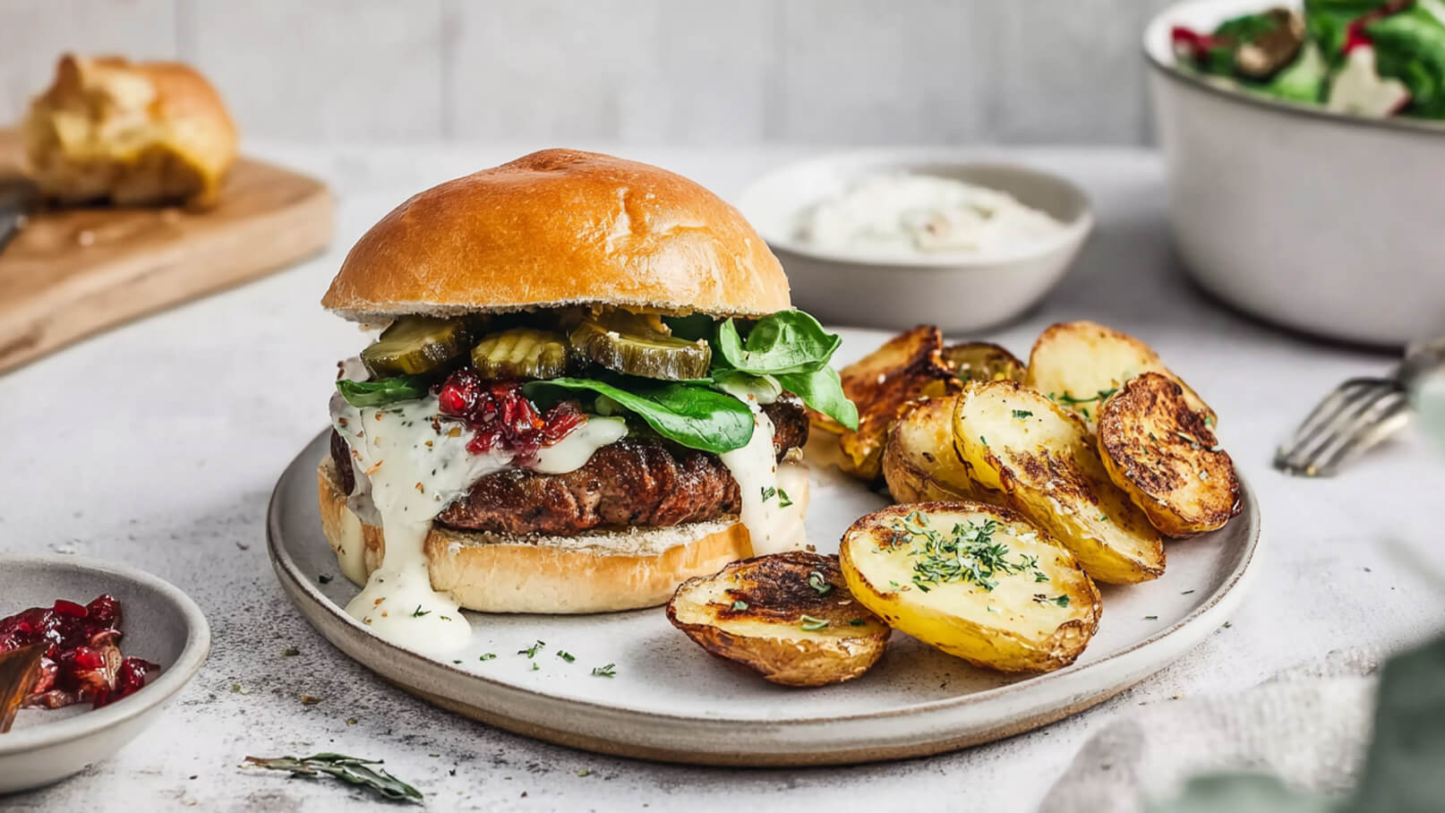 Ein saftiger Burger mit einem Brötchen, gefüllt mit einem Fleischpatty, Salat, Gurken und einer weißen Sauce. Daneben liegen goldbraun gebratene Kartoffelspalten auf einem Teller. Im Hintergrund sind ein Schälchen mit Dip und ein Salat zu sehen.