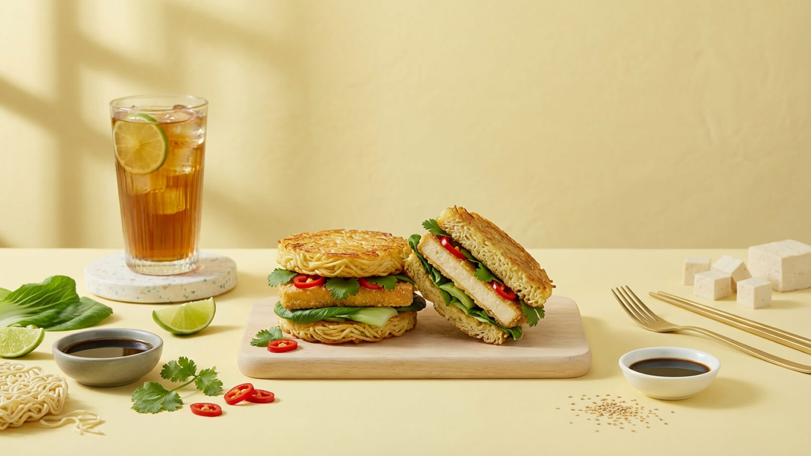 Zwei Sandwiches mit knusprigen Teigböden aus Nudeln stehen auf einem Holzbrett. Eines ist aufgeschichtet, das andere ist halb geöffnet und zeigt frisches Gemüse, Tofu und rote Chili. Daneben sieht man eine Tasse Sojasauce und einen Drink mit Limette. Der Hintergrund ist gelb.