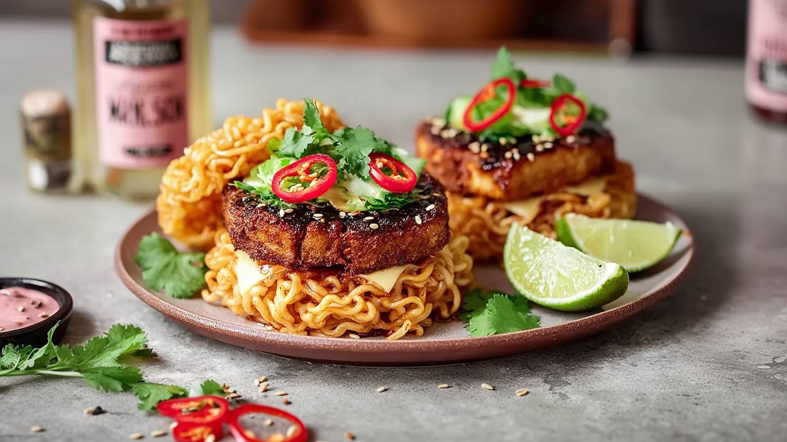 Ein Teller mit knusprigem, gebratenem Tofu auf einem Bett aus gebratenen Nudeln. Obenauf befinden sich frische Korianderblätter, rote Chilischeiben und ein Spritzer Limette. Daneben ein kleines Schälchen mit einer Sauce.