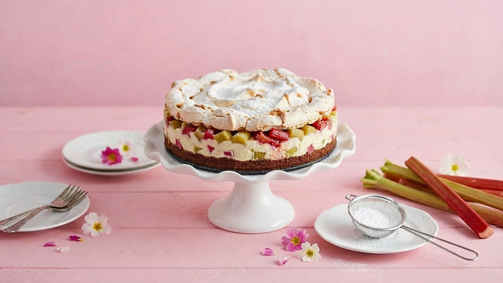 Ein luftiger Obstkuchen mit Baiserhaube steht auf einem weißen Tortenständer. Der Kuchen enthält Schichten aus Rhabarber und einer hellen Creme. Im Hintergrund sind kleine Teller und blühende Blumen zu sehen, alles auf einem rosa Untergrund.
