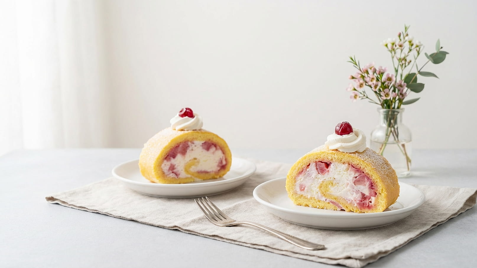 Zwei Teller mit Stücke einer Biskuitrolle stehen auf einem Tisch. Die Rolle ist gefüllt mit einer bunten Creme und Fruchtstücken, garniert mit Sahne und einer Kirsche. Im Hintergrund sind ein Vasengesteck und textiles Geschirr sichtbar.