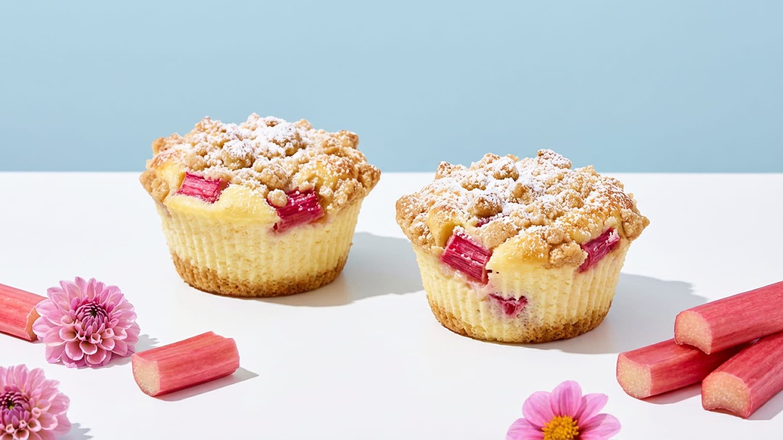 Zwei Muffins mit Rhabarberstücken, bedeckt mit Puderzucker, liegen auf einem hellen Tisch. Neben den Muffins befinden sich einige Rhabarberstangen und Blumen. Der Hintergrund ist in sanften Blau- und Cremetönen gehalten.