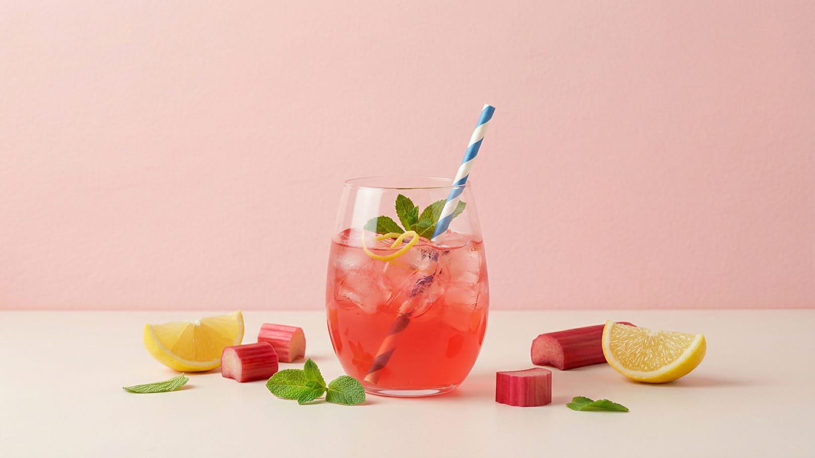 Ein erfrischendes Getränk in einem Glas mit einem blauen Strohhalm, gefüllt mit einer rosa Flüssigkeit und Eiswürfeln. Um das Glas herum liegen Zitronenscheiben, Rhabarberstücke und frische Minzblätter auf einem hellen Tisch. Der Hintergrund ist in einem sanften Rosa.