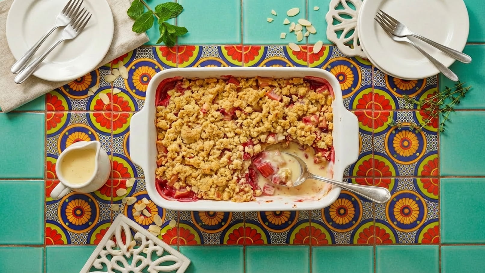 Ein frisch gebackenes Rhabarber-Crumble in einer weißen Auflaufform, garniert mit Mandelsplittern. Daneben steht eine kleine Kanne mit Sauce und Besteck auf einem bunten, floral gemusterten Untergrund.