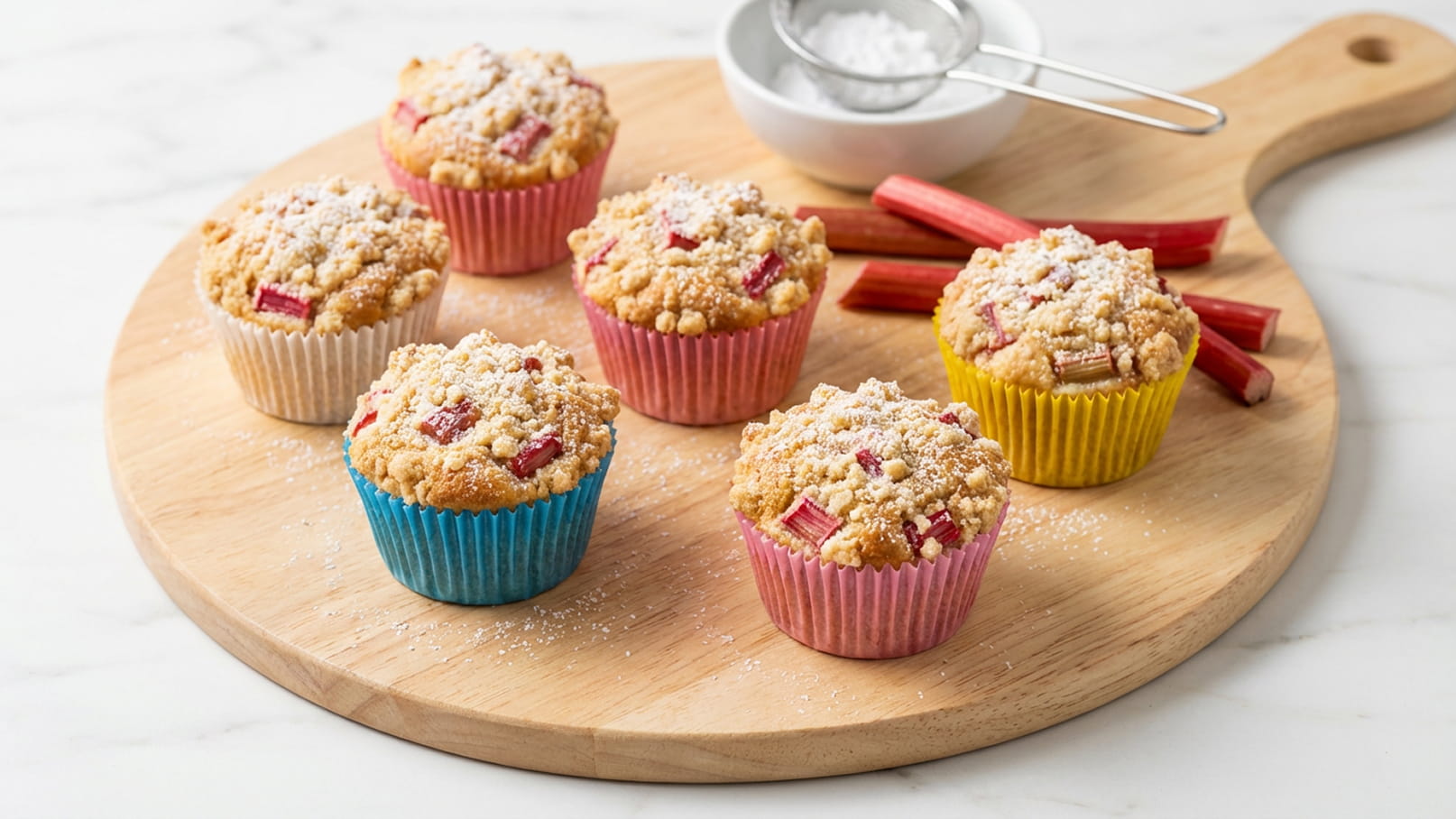 Sechs Muffins mit Rhabarber, in bunten Papierförmchen, liegen auf einem Holzbrett. Einige Muffins sind mit Puderzucker bestäubt. Im Hintergrund befinden sich Rhabarberstreifen und eine kleine Schüssel mit einem Sieb.
