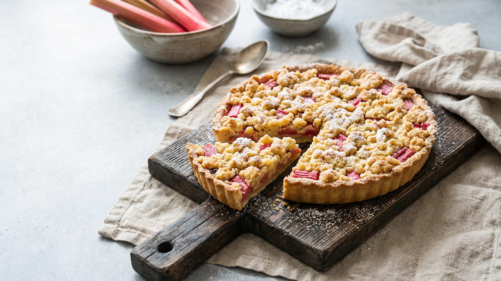 Ein gefälliger Rhabarberkuchen mit Streuseln auf einem Holzbrett. Ein Stück des Kuchens wurde herausgeschnitten. Im Hintergrund sind eine Schüssel mit Rhabarber und eine Schüssel mit Puderzucker sichtbar, auf einem leichten Stoff serviert.