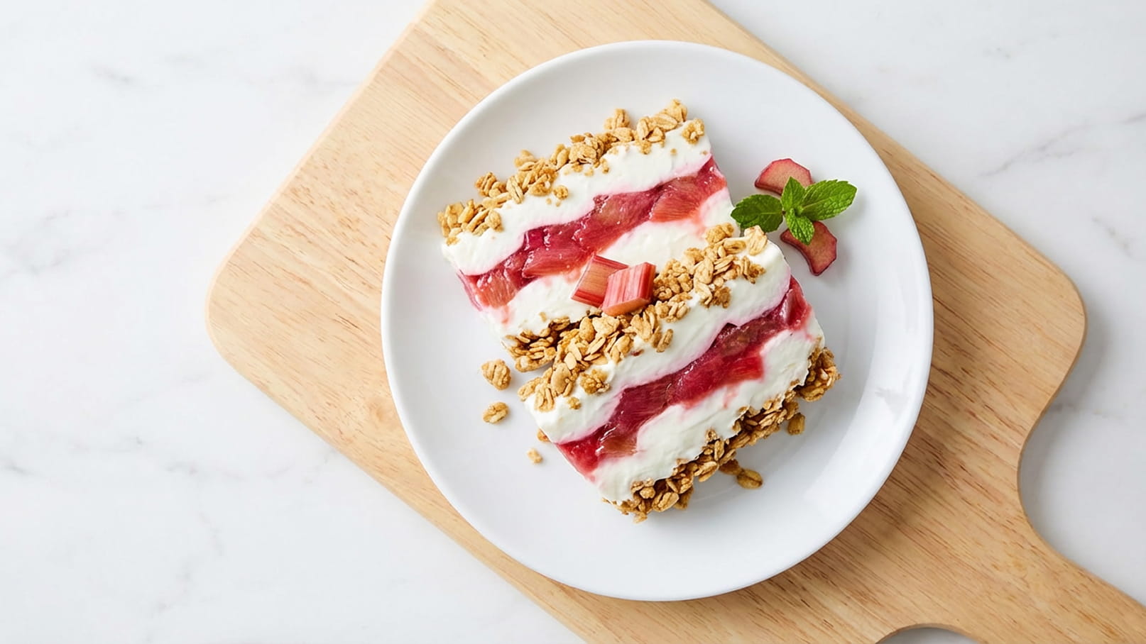 Ein Stück Schichtdessert auf einem weißen Teller. Das Dessert besteht aus Schichten von Joghurt und Rhabarber, garniert mit knusprigem Müsli und einem Minzblatt. Der Teller steht auf einem Holzbrett.