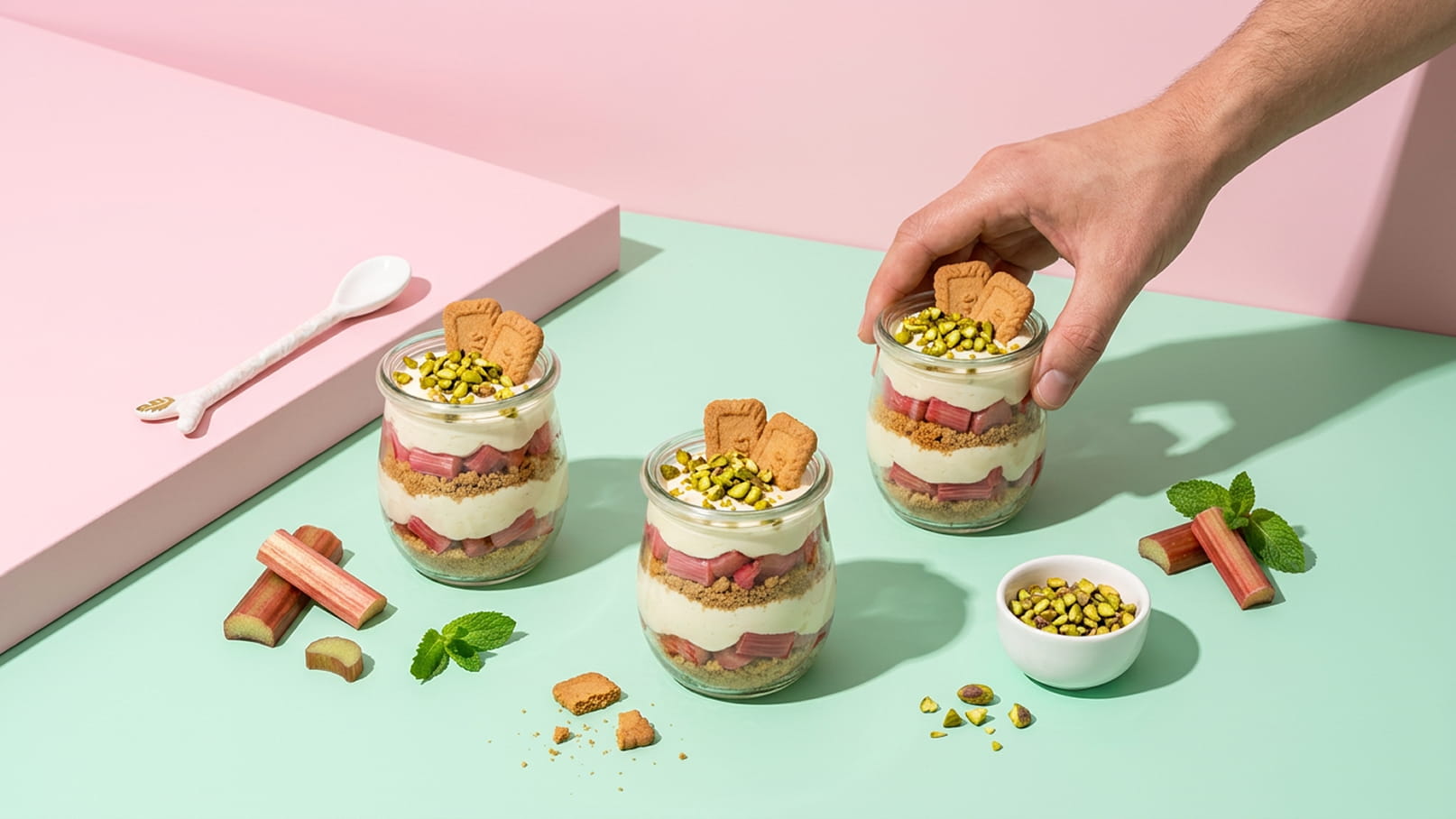 Drei Glasbehälter mit einem Dessert aus Schichten von Rhabarber, Sahne und Keksstückchen stehen auf einem pastelgrünen Tisch. Eine Hand greift nach dem obersten Keks eines der Desserts. Daneben liegt eine kleine Schüssel mit gehackten Pistazien und einigen Keksen.