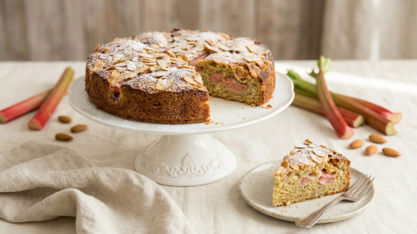 Ein auf einem Kuchenteller präsentierter Rhabarberkuchen mit Mandelblättchen. Neben dem Kuchen liegt ein Stück auf einem kleinen Teller. Im Hintergrund sind frische Rhabarberstangen und einige Mandeln sichtbar. Die Atmosphäre ist hell und freundlich.