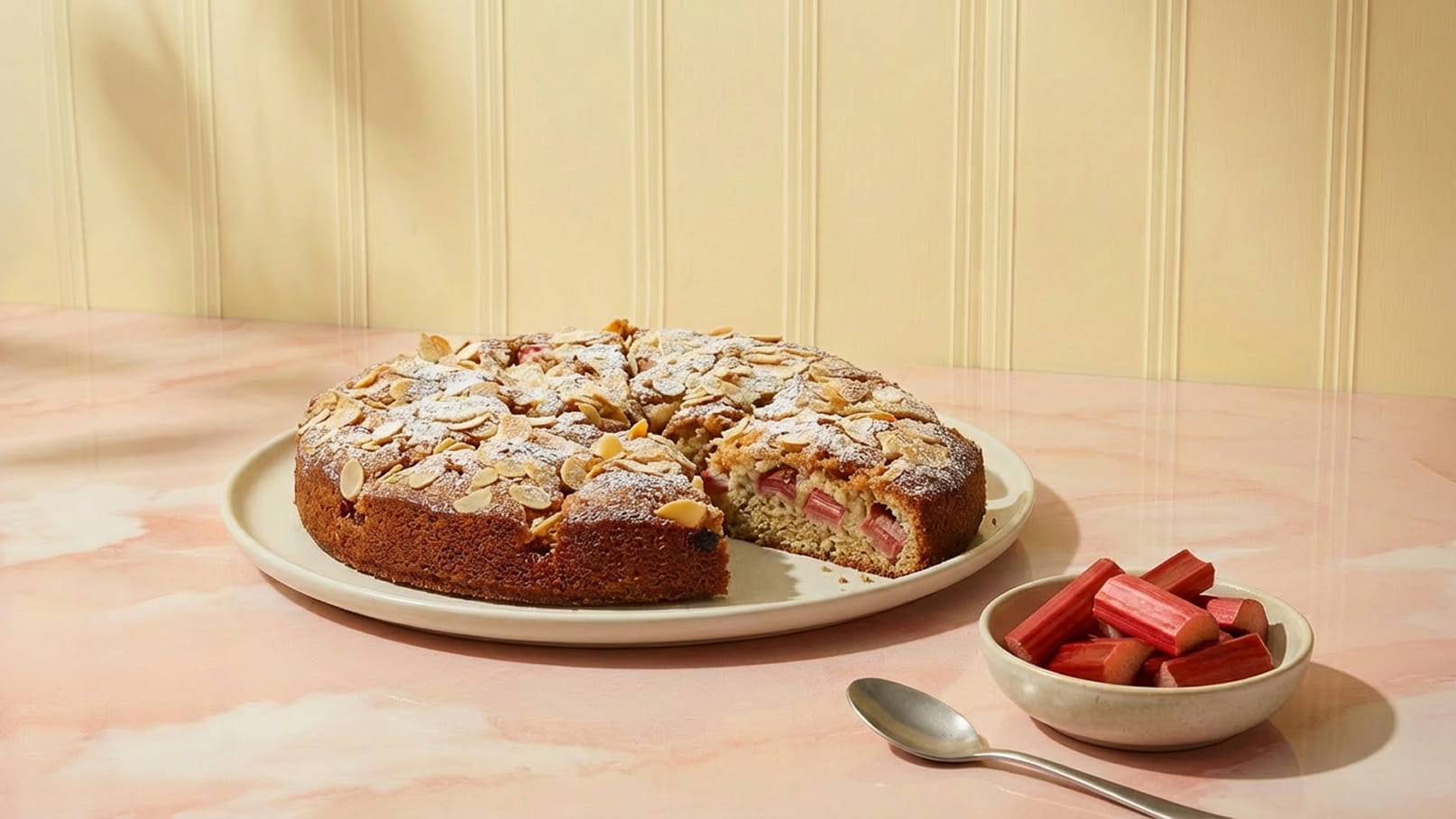 Ein frisch gebackener Rhabarberkuchen mit einer goldbraunen, mandelbesetzten Kruste liegt auf einem weißen Teller. Neben dem Kuchen befindet sich eine kleine Schale mit geschnittenem Rhabarber. Der Hintergrund ist in sanften Pastelltönen gehalten.