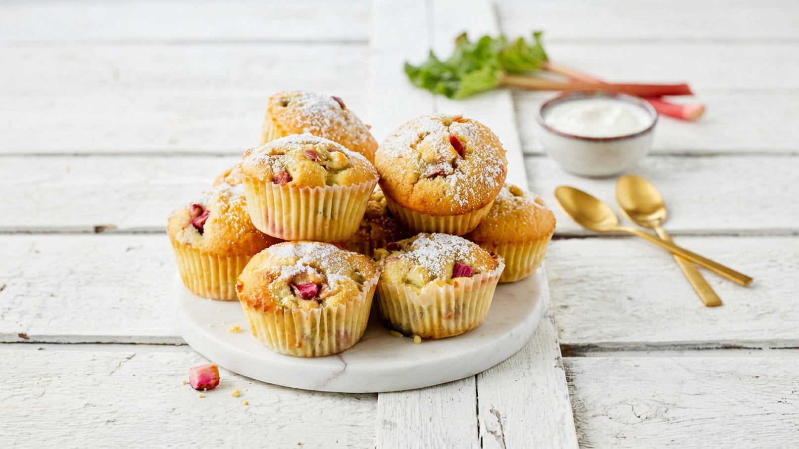 Ein Stapel frisch gebackener Muffins auf einer weißen Platten. Die Muffins sind mit Puderzucker bestäubt und enthalten Rhabarberstücke. Im Hintergrund sind eine kleine Schüssel mit Sahne und zwei Löffel sichtbar. Das Gesamtbild vermittelt eine appetitliche und gemütliche Atmosphäre.