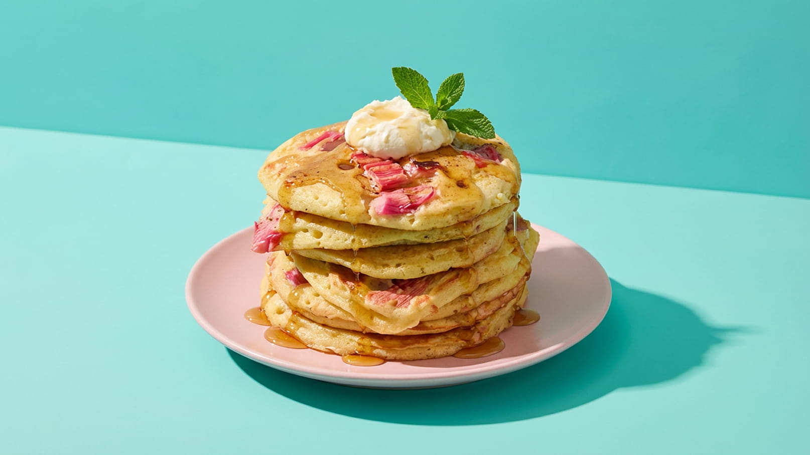 Ein Stapel fluffiger Pfannkuchen mit Rhabarberstückchen, auf einem rosa Teller serviert. Obenauf befindet sich ein Klecks Sahne und ein Blatt frische Minze. Der Hintergrund ist türkisfarben.