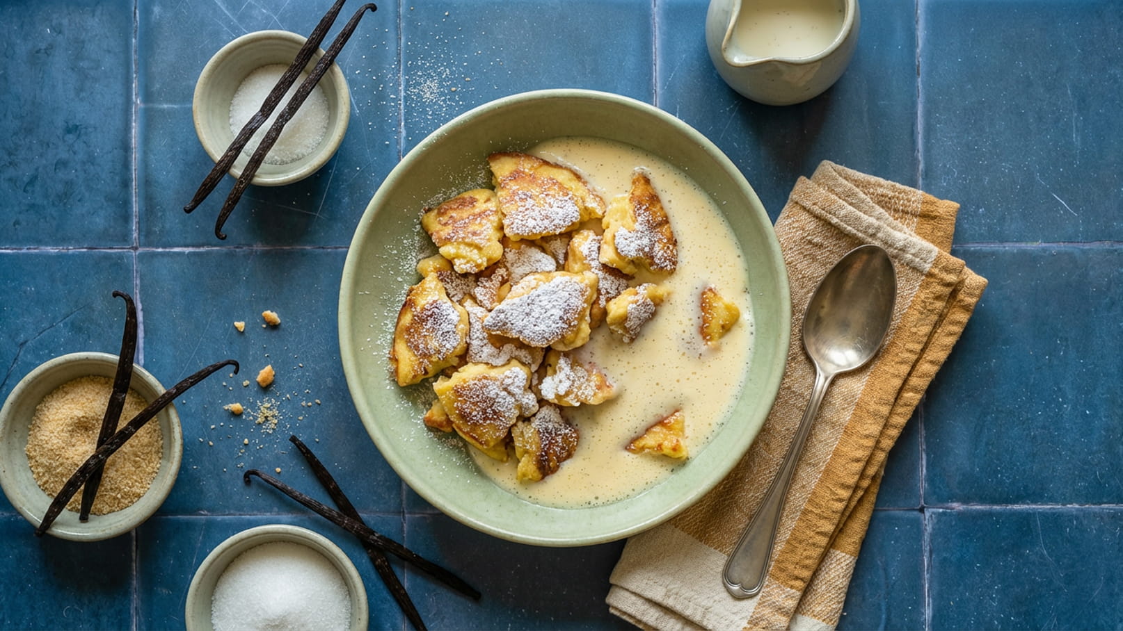 Eine Schüssel mit angebratenem Brot, bestreut mit Puderzucker, wird in einer cremigen Vanillesauce serviert. Daneben befinden sich Schalen mit Zucker und Vanilleschoten sowie ein Löffel und ein Stoffserviette auf einem blauen Untergrund.
