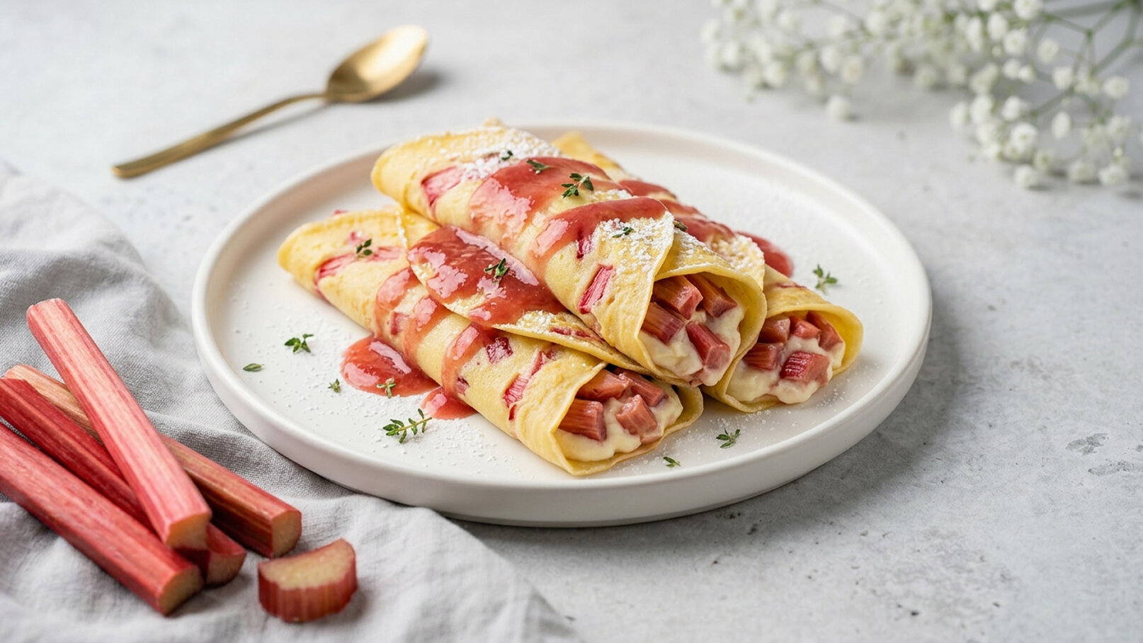 Auf einem weißen Teller liegen mehrere gefüllte Pfannkuchen, überzogen mit einer roten Rhabarbersauce. Neben dem Teller sind frische Rhabarberstangen sichtbar. Die Pfannkuchen sind mit Puderzucker bestreut und dekoriert mit kleinen Kräutern.