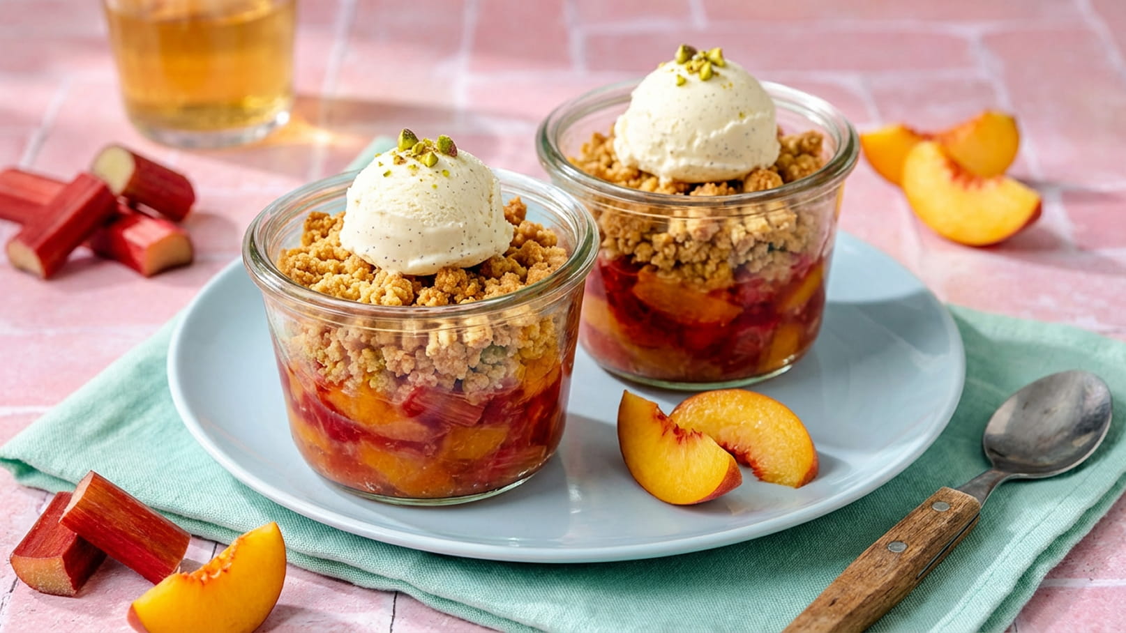 Zwei Dessertgläser mit einer Schicht aus Rhabarber und Pfirsichen, gekrönt von einer Löffelportion Vanilleeis und knusprigem Müsli. Neben den Gläsern liegen frische Pfirsichscheiben auf einem Teller. Im Hintergrund ist ein Glas Getränk sichtbar.