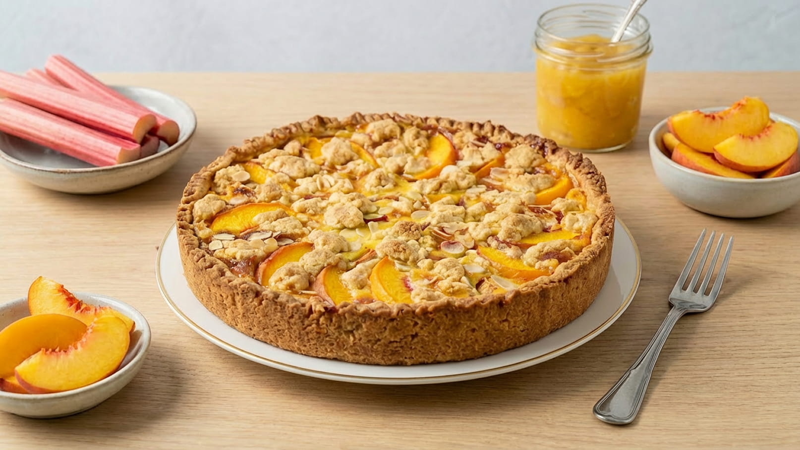 Ein runder Kuchen mit einer krümeligen Oberseite, belegt mit Pfirsichen und Rhabarberstücken, steht auf einem weißen Teller. Daneben befinden sich zwei kleine Schalen mit Pfirsichen und eine Glas mit einer gelben Fruchtsoße sowie frische Rhabarberstangen.