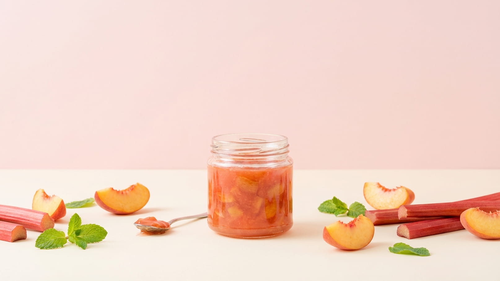 Ein Glas mit Rhabarber-Pfirsich-Konfitüre steht auf einem hellen Tisch. Drumherum liegen frische Pfirsichstücke und Rhabarberstangen, ergänzt durch einige grüne Minzblätter. Der Hintergrund ist in sanften Rosa-Tönen gehalten.