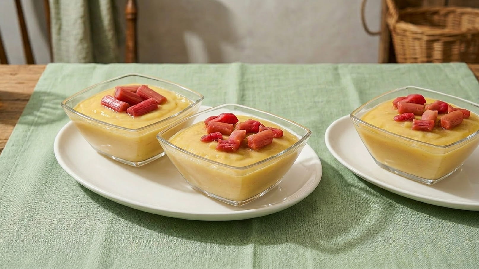 Drei durchsichtige Schalen mit Pudding sind auf einem weißen Teller angeordnet. Der Pudding ist gelblich und mit roten Rhabarberstücken dekoriert. Der Hintergrund zeigt eine grüne Tischdecke.