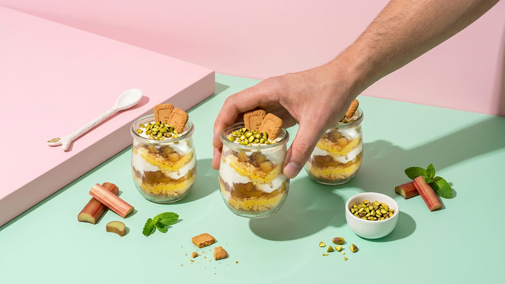 Ein Hand greift nach einem Glas mit Schichtdessert, das aus Rhabarber, Sahne und Keksen besteht. Neben den Gläsern liegen einzelne Kekse, Pistazien und frische Minze auf einer Tischoberfläche in sanften Farben.