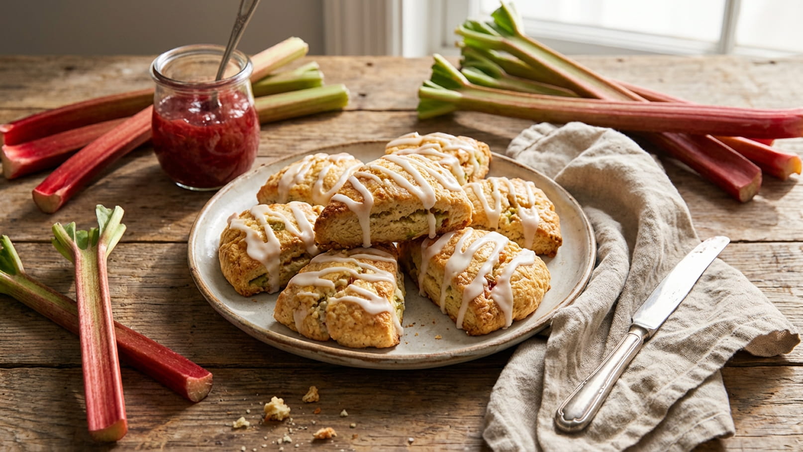 Auf einem rustikalen Holztisch liegt ein Teller mit frisch gebackenen, glasurverzierten Scones. Daneben steht ein Glas mit roter Marmelade und frische Rhabarberstangen sind um den Teller angeordnet. Ein Besteck liegt bereit für den Genuss.