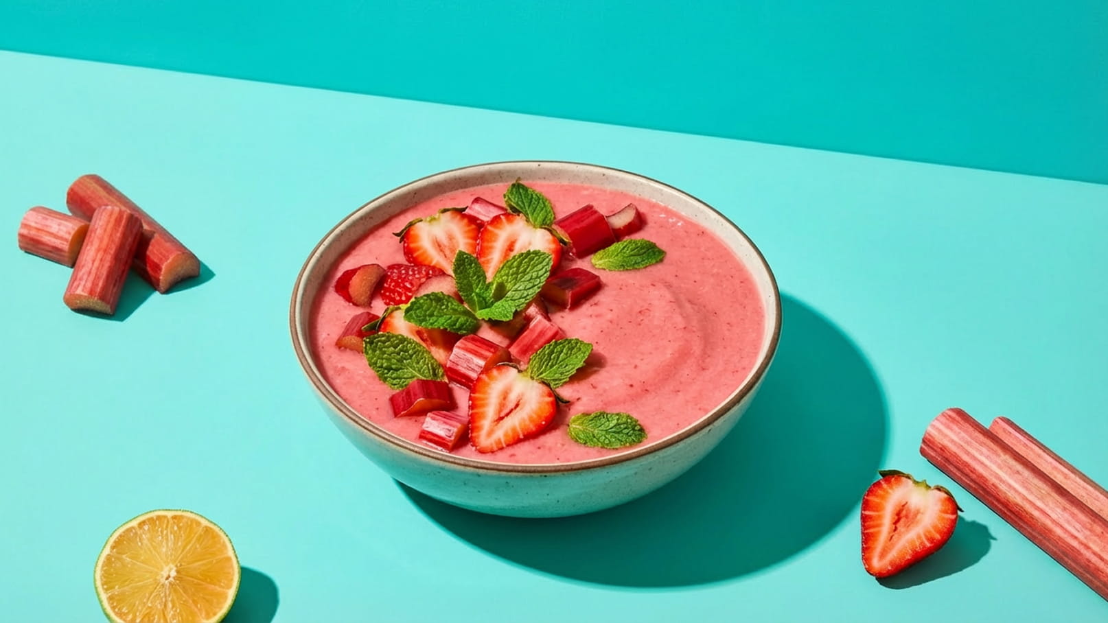 Eine Schüssel mit rosa Smoothie, garniert mit frischen Erdbeeren und Minzblättern. Neben der Schüssel liegen Stücke von Rhabarber und eine halbierte Zitrone auf einem hellblauen Untergrund.