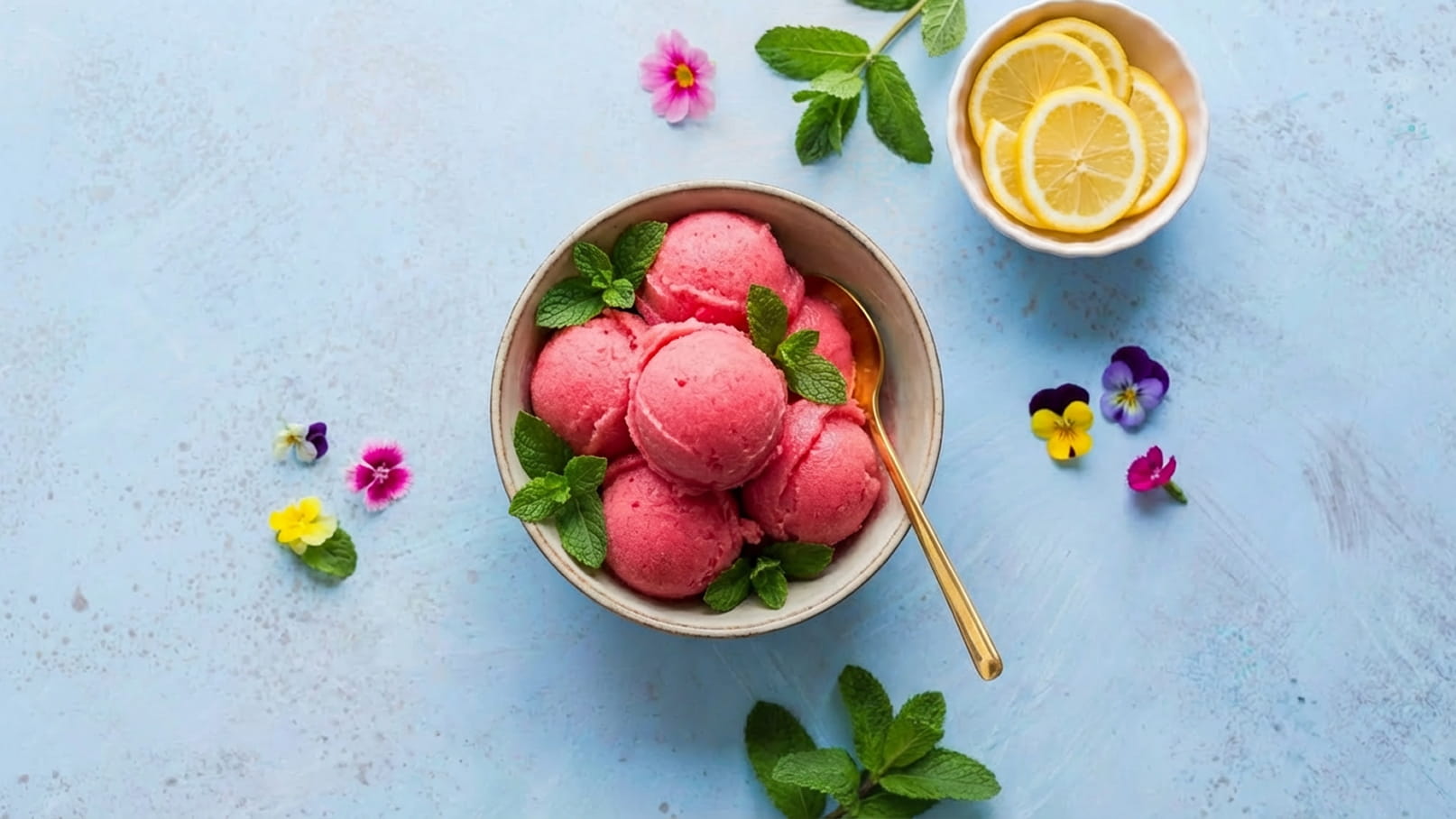 Eine Schüssel mit rosafarbenem Sorbet, garniert mit frischen Minzblättern, steht auf einem hellblauen Hintergrund. Neben der Schüssel liegt ein Löffel. Im Hintergrund befinden sich Zitronenscheiben und essbare Blüten.