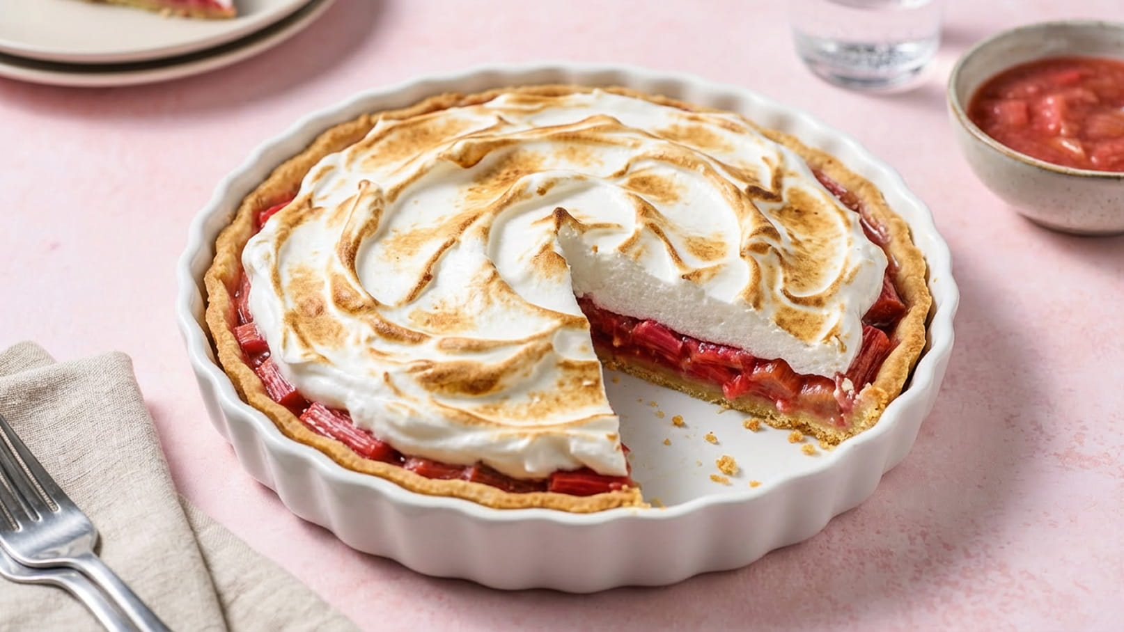 Eine frisch gebackene Rhabarber-Torte mit einer goldbraunen Schicht aus Baiser obendrauf. Ein Stück der Torte wurde herausgeschnitten, wodurch die fruchtige Füllung sichtbar wird. Die Torte ist in einer weißen runden Form, auf einem hellen Untergrund präsentiert.