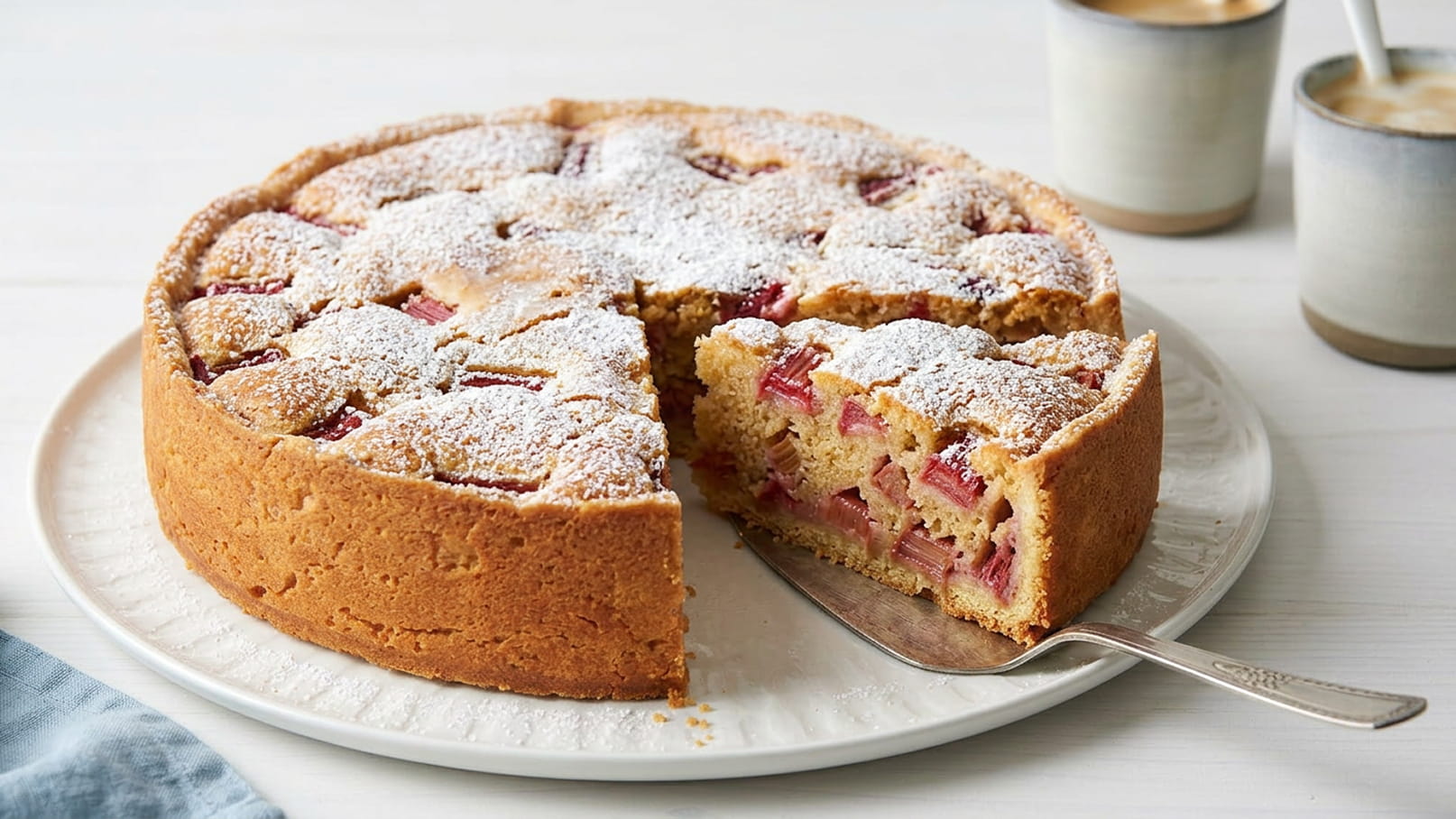 Ein runder, mit Puderzucker bestreuter Rhabarberkuchen steht auf einem weißen Teller. Ein Stück ist bereits herausgeschnitten und liegt daneben, der Kuchen sieht saftig und frisch aus. Im Hintergrund sind zwei Tassen zu sehen.