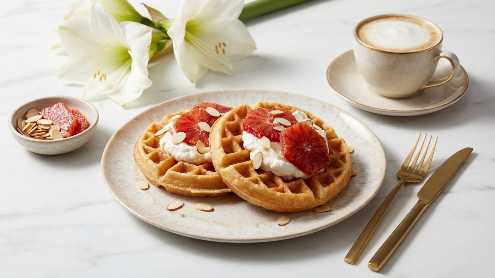 Auf dem Bild sind zwei goldene Waffeln mit Schlagsahne, Grapefruitstücken und Mandelscheiben auf einem Teller zu sehen. Daneben befindet sich eine kleine Schale mit Fruchtsoße und eine Tasse Kaffee. Eine Blume liegt im Hintergrund.