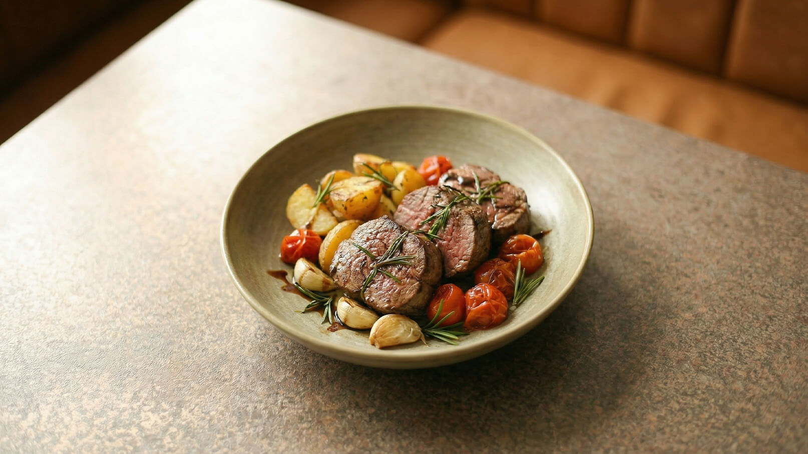 Ein tiefes Teller mit zartem Rindfleisch, garniert mit frischem Rosmarin, umgeben von gerösteten Kartoffeln und Kirschtomaten. Das Gericht präsentiert sich ansprechend und einladend.