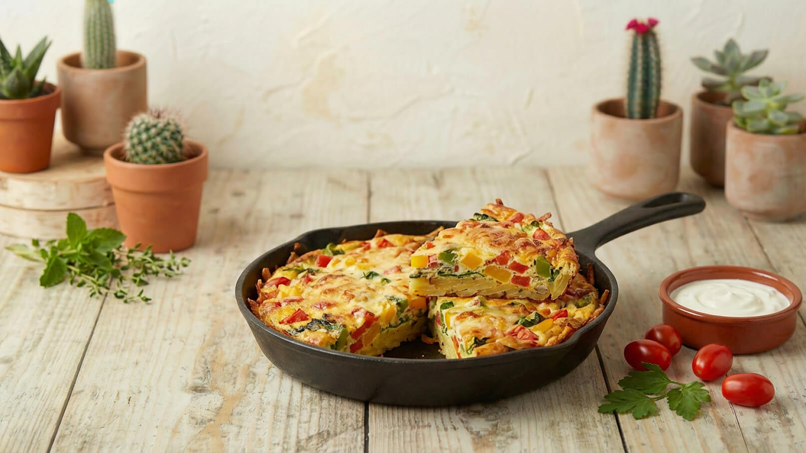 Eine gusseiserne Pfanne enthält ein Stück Gemüse-Quiche mit buntem Gemüse, wie Paprika und Blattspinat. Daneben befindet sich eine Schüssel mit Sauerrahm und einige Kirschtomaten. Im Hintergrund stehen Töpfe mit kleinen Sukkulenten und Kräutern.