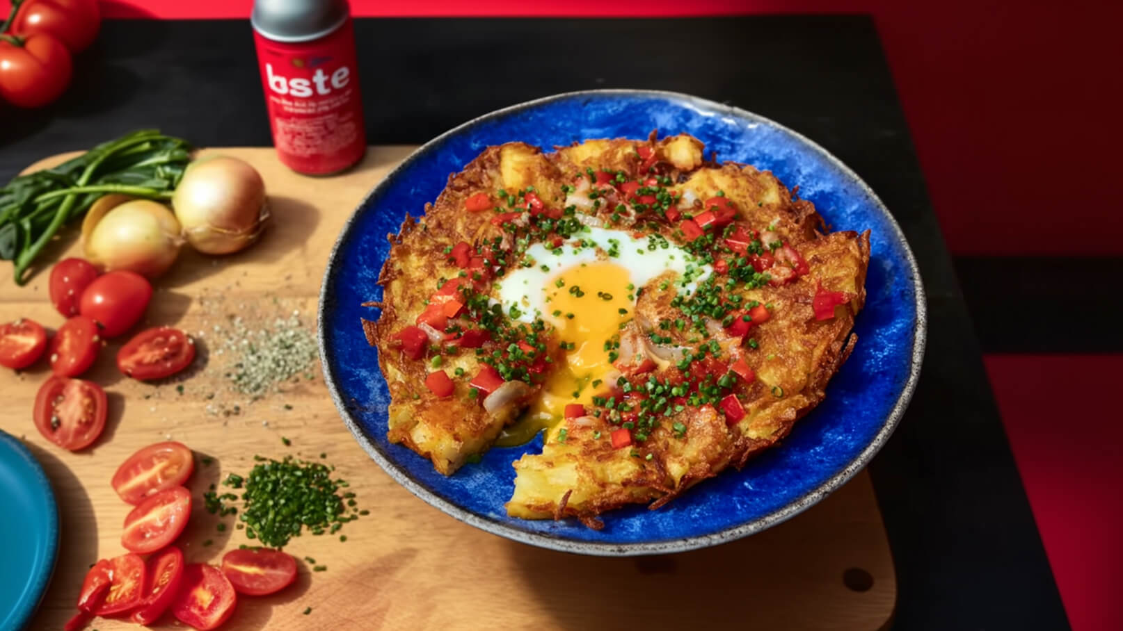Ein blauer Teller mit einer knusprigen Kartoffelplatte, belegt mit roten Paprika, Schnittlauch und einem Spiegelei in der Mitte. Um den Teller herum liegen frische Tomaten, Zwiebeln und Kräuter auf einem Holzbrett.