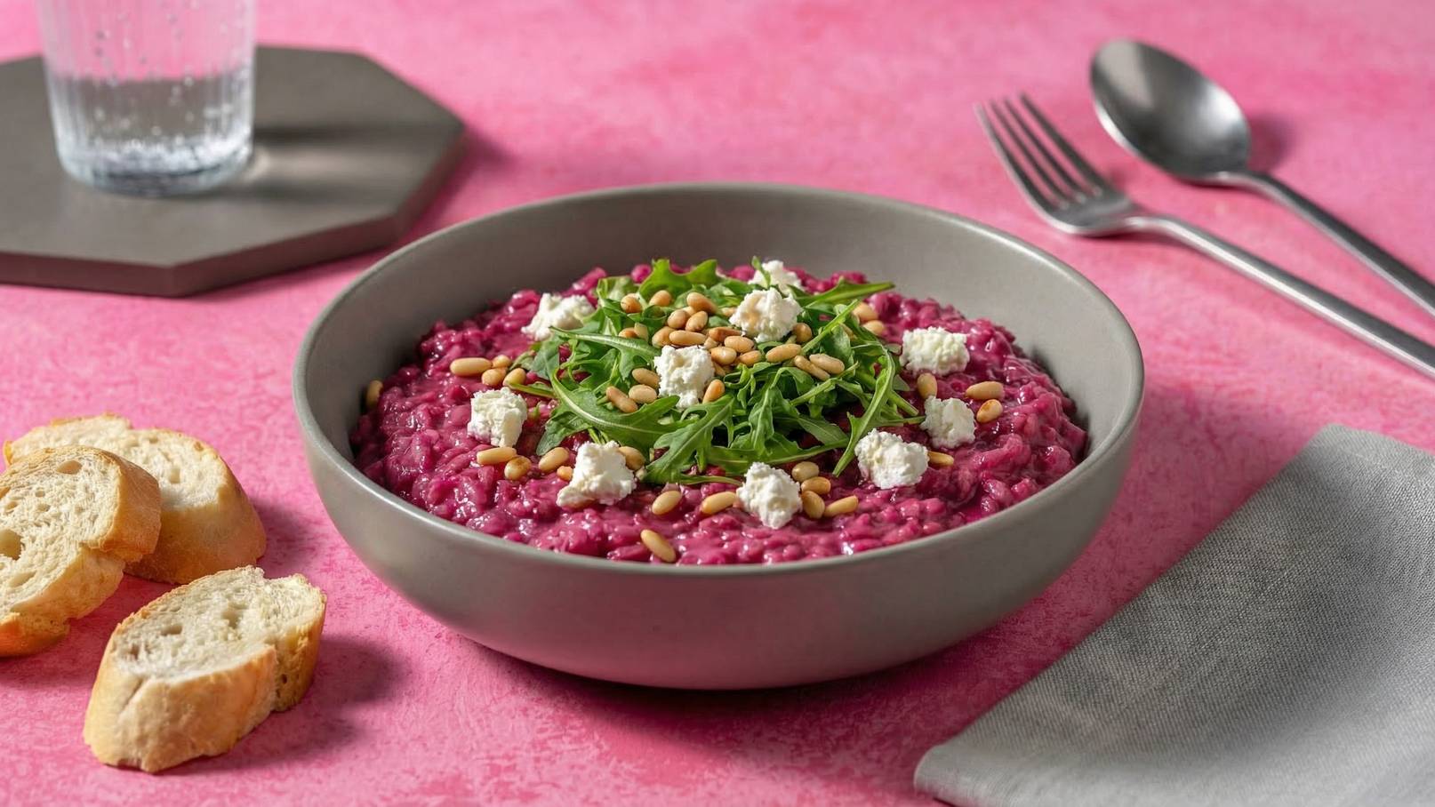 Eine graue Schüssel mit einem cremigen Risotto in violetter Farbe, garniert mit frischem Rucola, Pinienkernen und kleineren Käsestückchen. Neben der Schüssel liegen ein paar Brotscheiben auf einem grauen Teller. Der Hintergrund ist rosa.