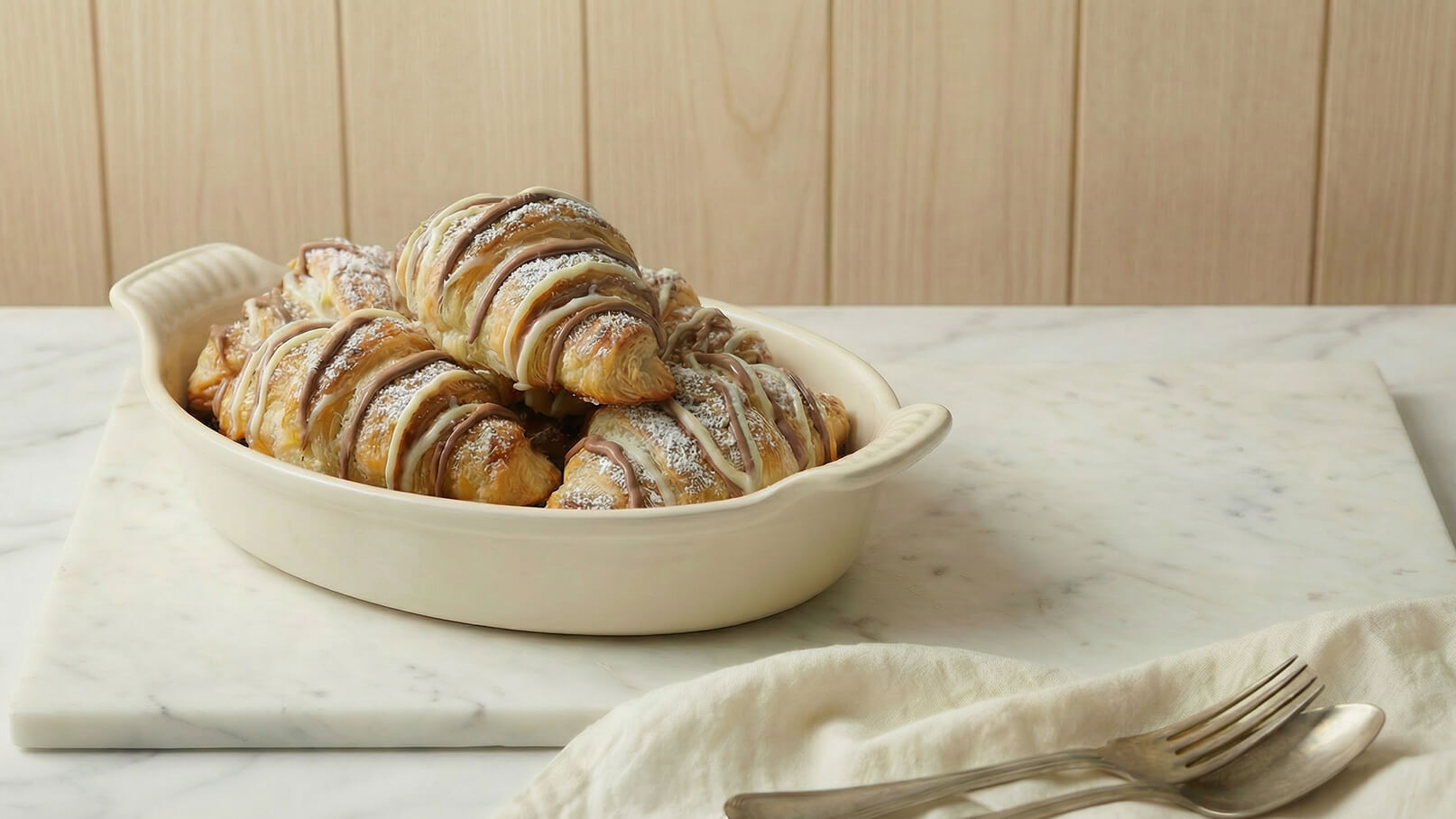 Ein tiefes Geschirr mit mehreren frisch gebackenen Croissants, die mit Puderzucker bestreut sind. Die Croissants sind goldbraun und auf einem marmorierten Untergrund platziert, daneben liegt ein silverner Löffel auf einem weichen Tuch.
