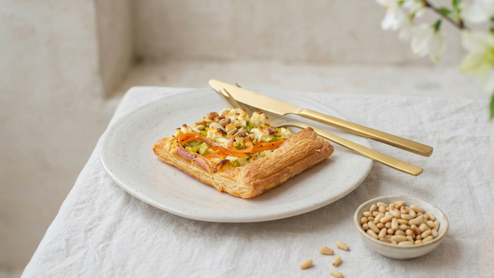Ein Teller mit einem herzhaften Blätterteiggebäck, belegt mit buntem Gemüse und gerösteten Pinienkernen. Neben dem Teller liegen eine Gabel und ein Messer aus goldfarbenem Besteck, sowie eine kleine Schale mit weiteren Pinienkernen. Der Hintergrund ist hell und schlicht.