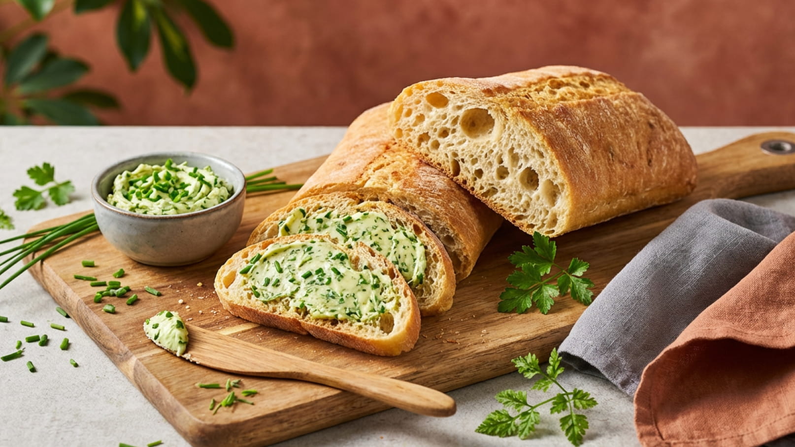 Auf einem Holzbrett liegt ein frisch gebackenes Brot, das in der Mitte aufgeschnitten ist, sodass die grüne Kräuterbutter sichtbar wird. Neben dem Brot befindet sich eine kleine Schüssel mit weiterer Kräuterbutter und frischen Kräutern.