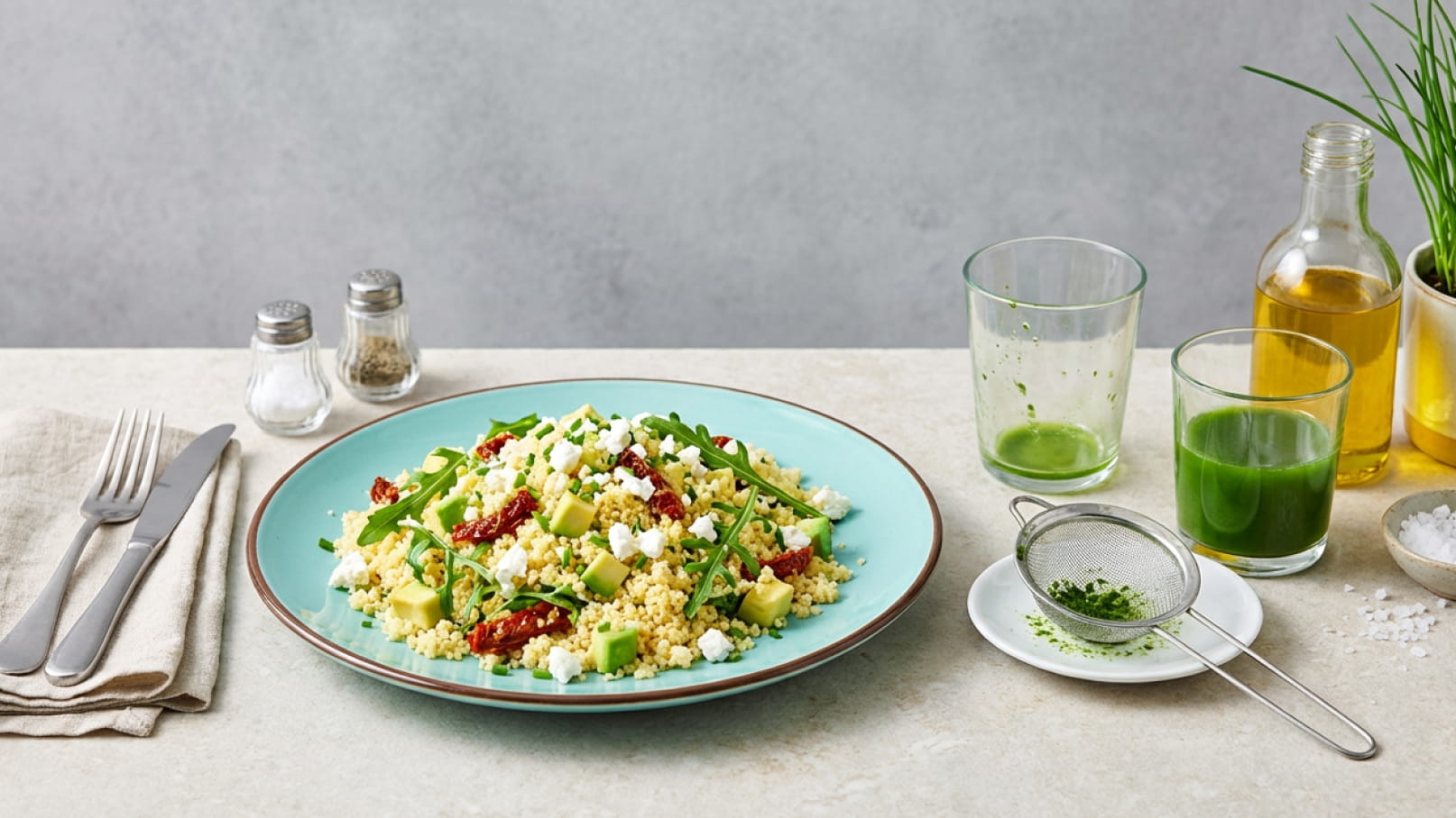 Ein frischer Salat auf einem türkisfarbenen Teller, bestehend aus Couscous, Avocado, Rucola und getrockneten Tomaten. Daneben stehen Gewürzstreuer, mehrere Gläser mit verschiedenen Flüssigkeiten und ein Sieb. Der Hintergrund ist neutral gehalten.