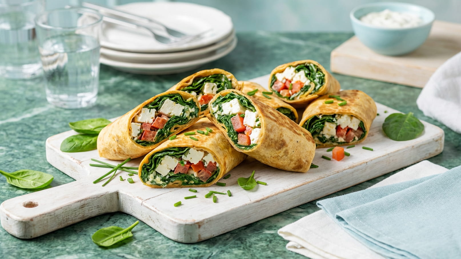 Auf einem Holzbrett liegen gefüllte Wraps mit Spinat, Feta und Tomaten. Die Wraps sind aufgeschnitten, sodass die bunten Füllungen sichtbar sind. Im Hintergrund stehen Teller und eine Schüssel mit einer Sauce.