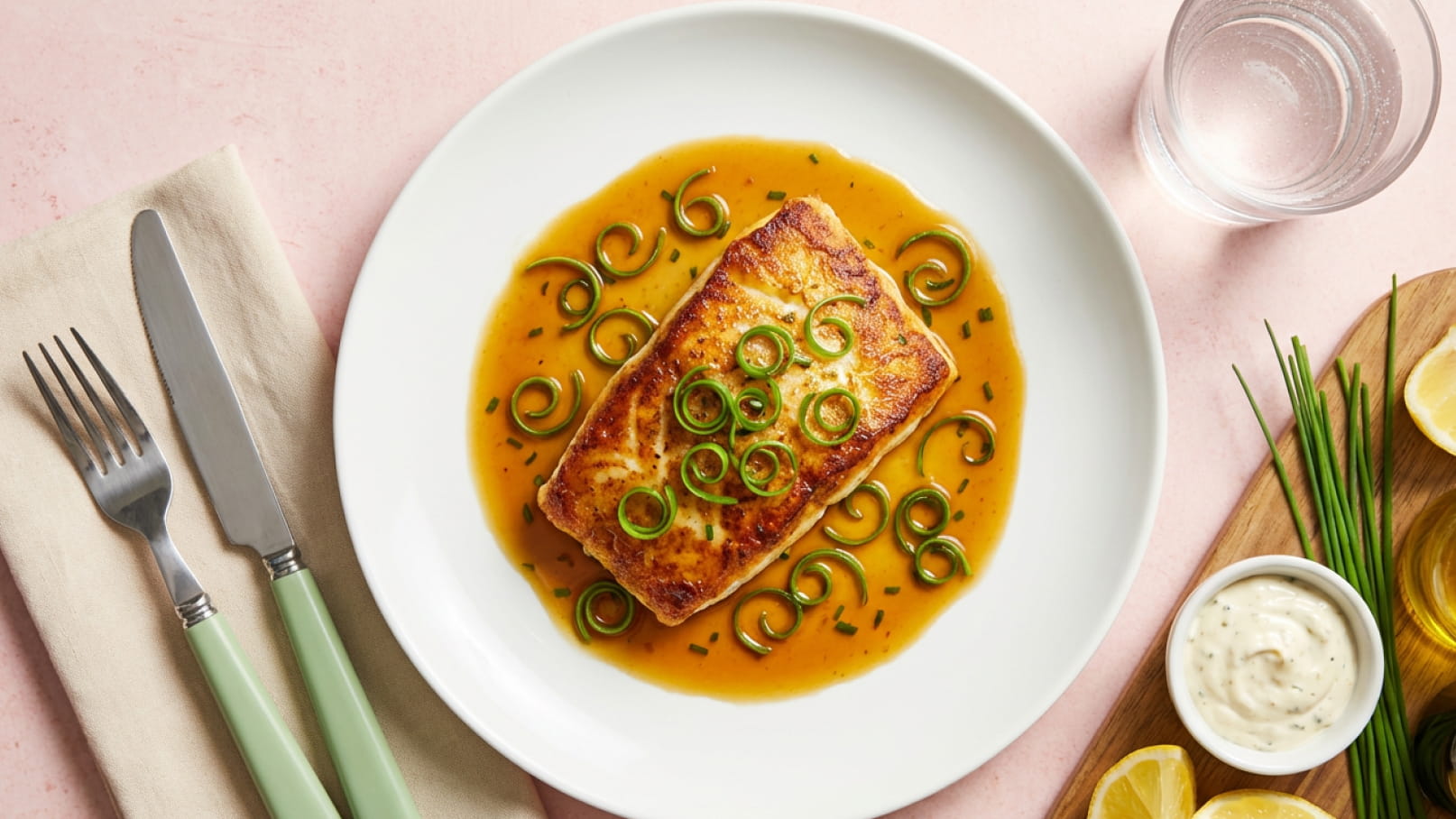 Ein gebratenes Stück Fisch auf einem weißen Teller, umgeben von einer goldenen Sauce und garniert mit frischen, geschnittenen Frühlingszwiebeln. Im Hintergrund sind Zitronenscheiben und eine kleine Schüssel mit einer hellen Sauce zu sehen.