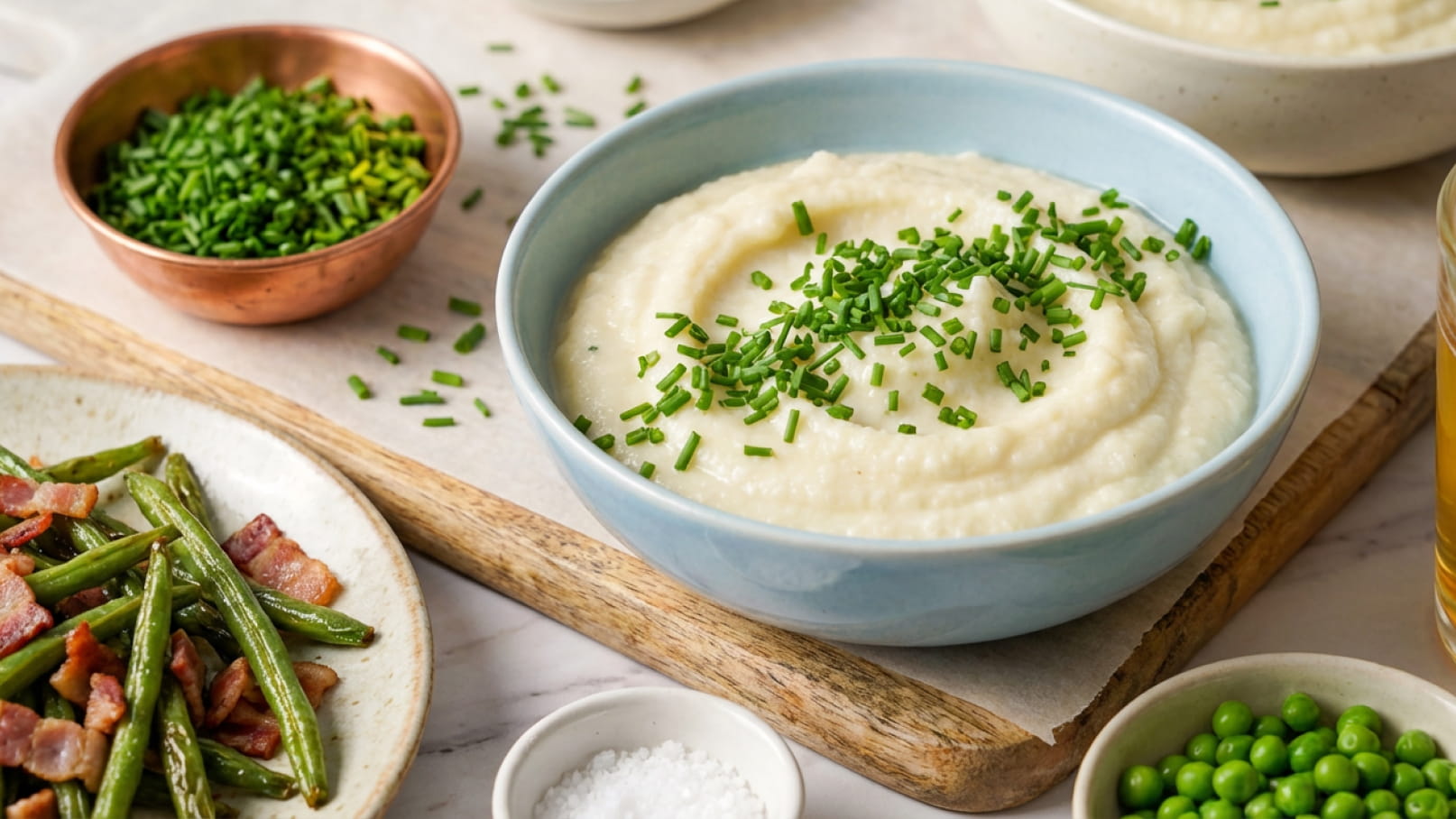 Eine Schüssel mit cremigem Kartoffelbrei, garniert mit frischem Schnittlauch, steht im Vordergrund. Daneben liegen grüne Bohnen mit Speck, eine Schälchen mit Erbsen und eine Schale mit Salz. Im Hintergrund sind weitere Portionen sichtbar.