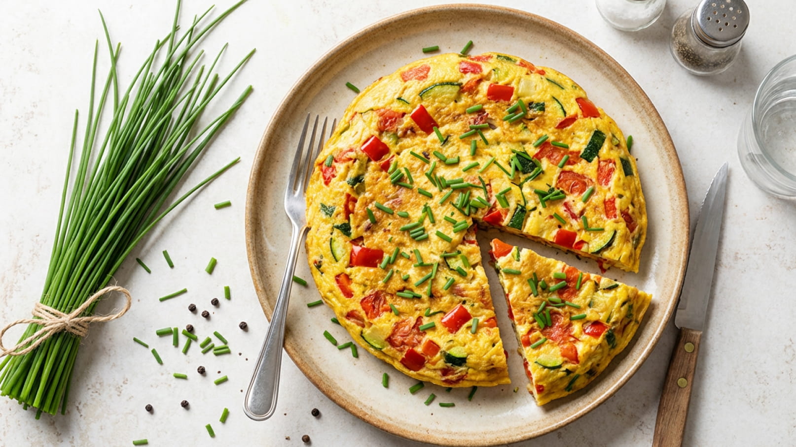 Ein Teller mit einer farbenfrohen Omelette, verziert mit frischem Schnittlauch und Paprika. Ein Stück ist herausgeschnitten. Neben dem Teller liegen eine Gabel und ein Messer. Im Hintergrund befinden sich frische Schnittlauchzweige und Gewürzbehälter.
