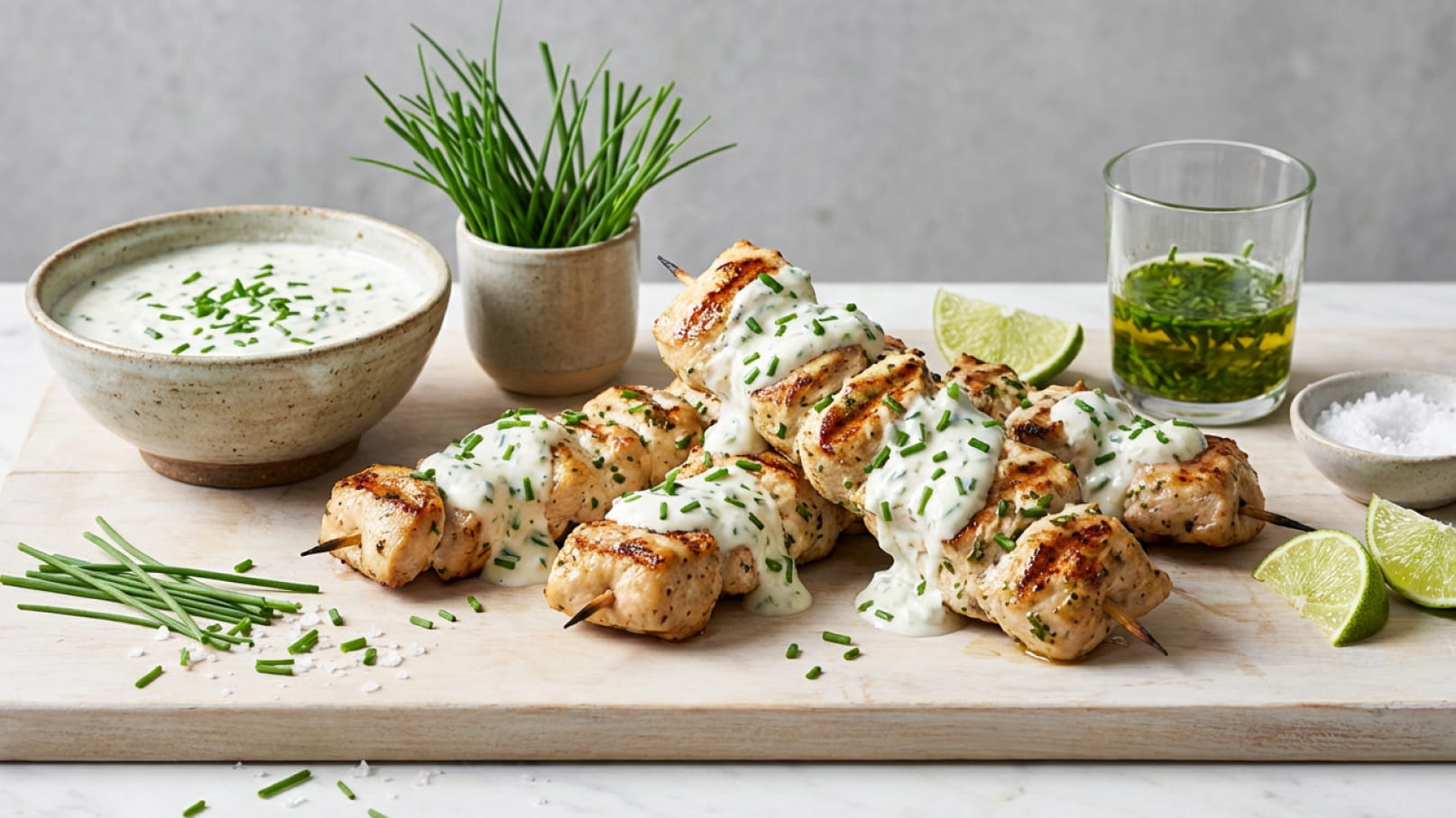 Auf einem Holzbrett liegen gegrillte Hähnchenspieße mit einer cremigen Sauce. Neben dem Gericht stehen Schalen mit einer grünen Sauce, gehacktem Schnittlauch und Limettenscheiben. Im Hintergrund ein kleiner Topf mit frischem Schnittlauch.