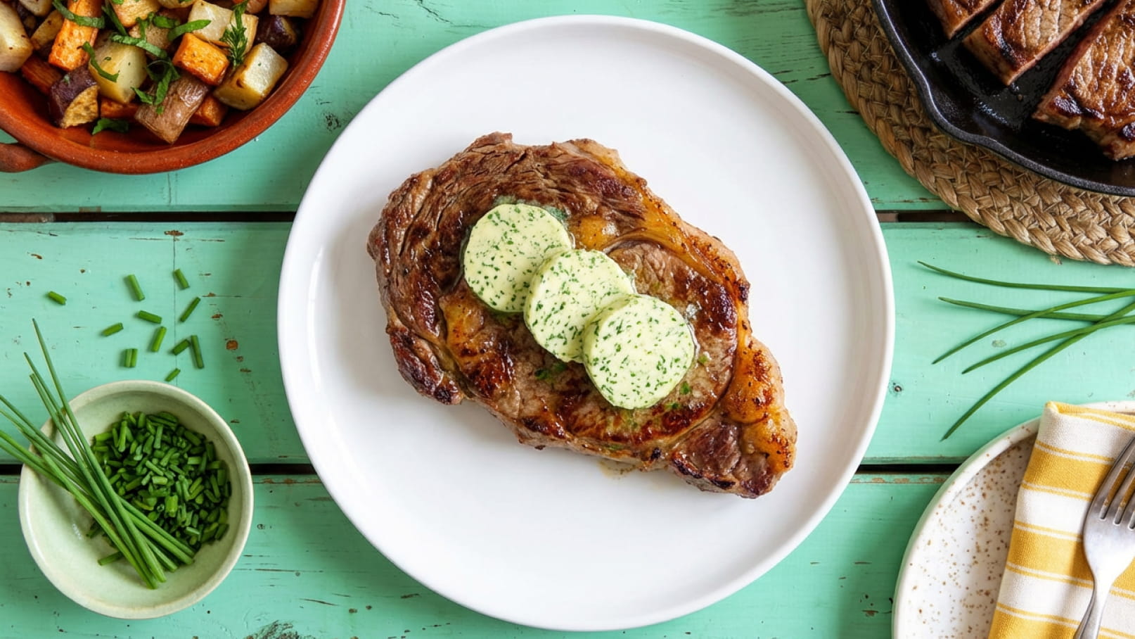 Auf einem weißen Teller liegt ein saftiges Steak, garniert mit drei Scheiben Kräuterbutter. Daneben befindet sich eine Schüssel mit gebratenen Kartoffelwürfeln und frischem Schnittlauch. Der Hintergrund ist in sanften Grüntönen gehalten.