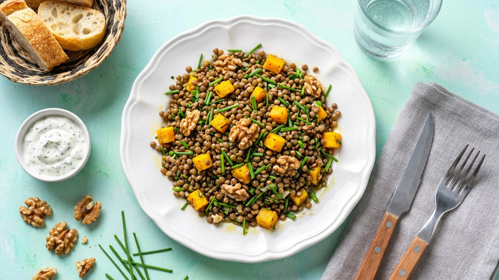 Ein weißer Teller mit einem bunten Linsensalat, angereichert mit Kürbiswürfeln, gehacktem Schnittlauch und Walnüssen. Daneben sind ein Schälchen mit Joghurtsoße, ein Stück Brot und ein Glas Wasser platziert. Der Hintergrund ist in sanften Farben gehalten.