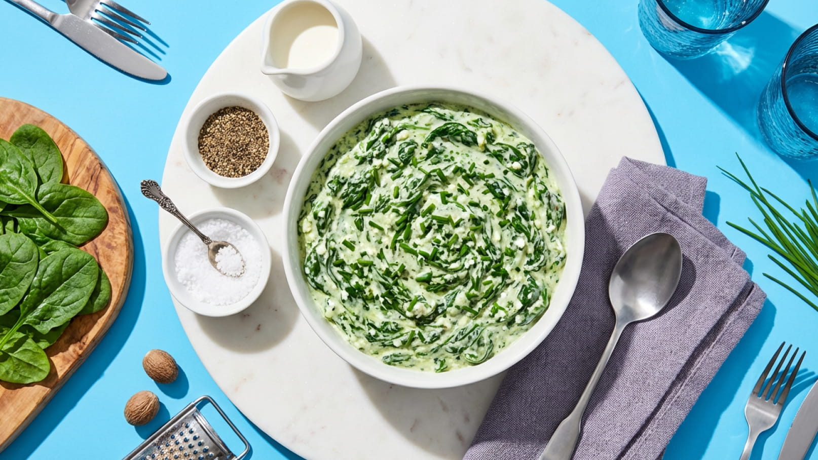 Eine Schüssel mit cremigem Spinat, umgeben von Zutaten wie Salz, Pfeffer und Muskatnuss. Daneben liegt ein Brett mit frischem Spinat und eine graue Serviette. Der Hintergrund ist in einem hellen Blau gehalten.