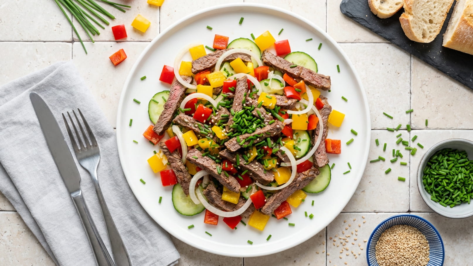 Ein Teller mit einem bunten Salat, bestehend aus Streifen von Rindfleisch, Gurken, roten, gelben und grünen Paprika sowie Zwiebeln. Der Salat ist mit frischem Schnittlauch garniert. Daneben liegen Besteck und Brot.